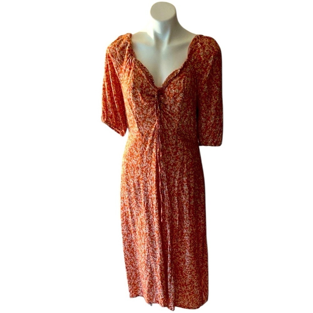 Sincerely Jules Women’s Orange Floral Smocked Midi Dress With Slits Size Small